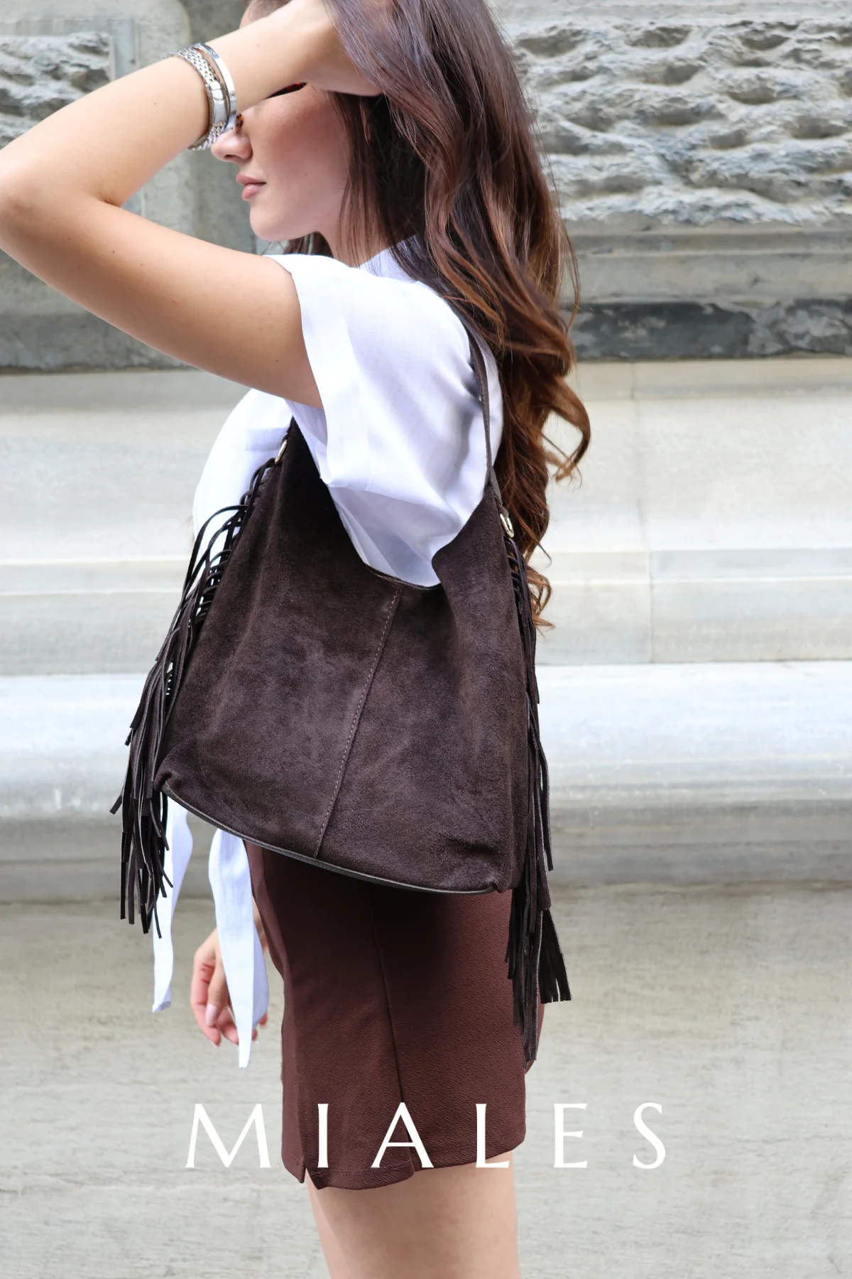 Helia Hakiki Süet Deri Organizer Çanta Detaylı Kadın El ve Omuz Çantası - Kahverengi