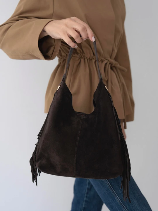 Helia Hakiki Süet Deri Organizer Çanta Detaylı Kadın El ve Omuz Çantası - Kahverengi