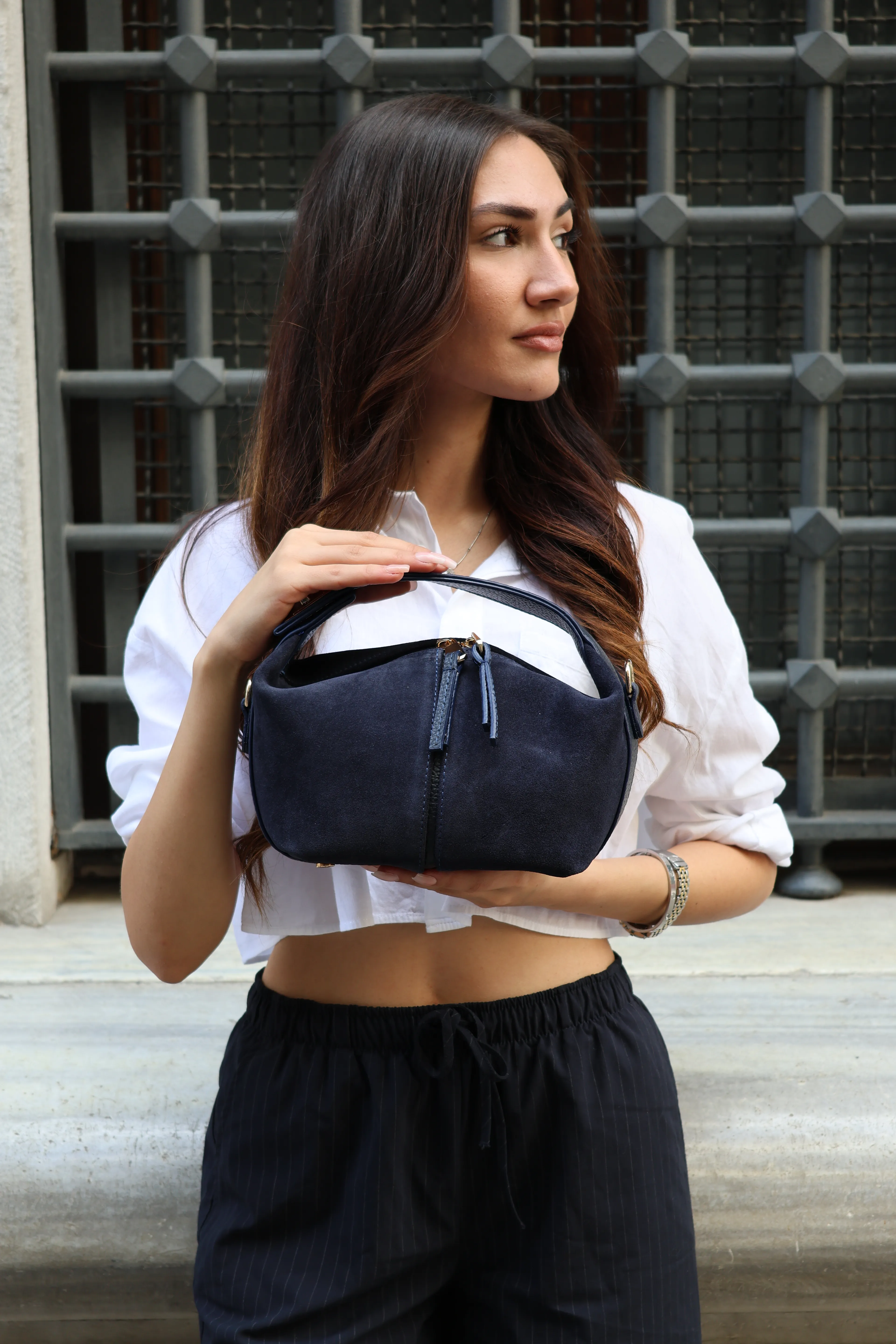 Bonnie Hakiki Süet Deri Kadın El ve Omuz Çantası