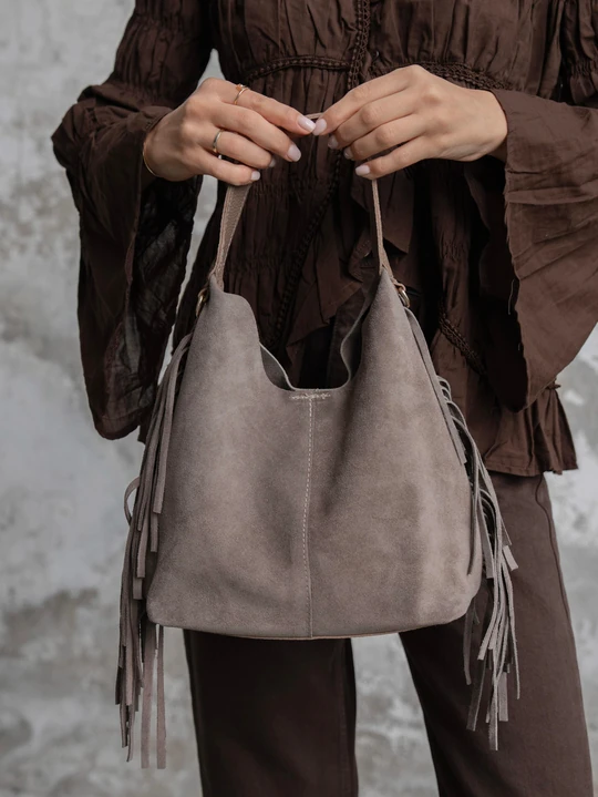 Helia Hakiki Süet Deri Organizer Çanta Detaylı Kadın El ve Omuz Çantası - Vizon