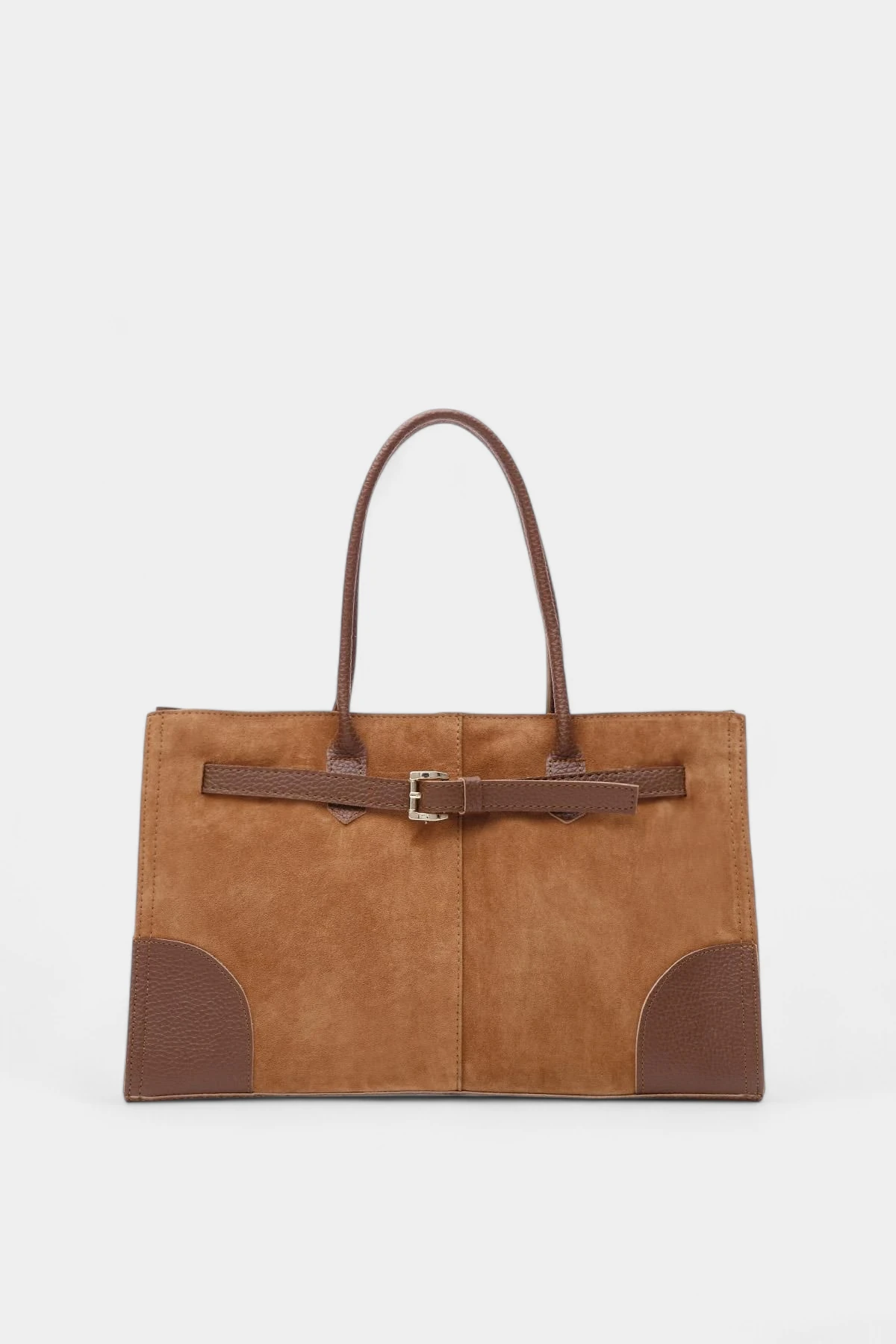 Melina Kemer Detaylı Hakiki Süet Kadın Çanta - Taba