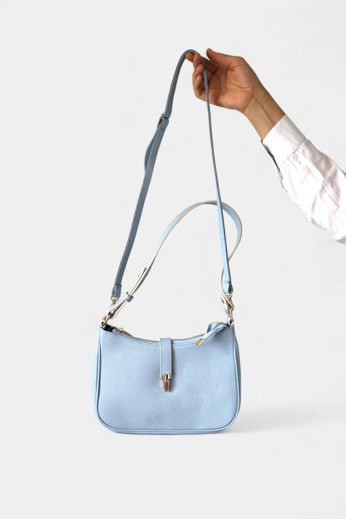 Clara Hakiki Deri Uzun Askı Detaylı Kadın Omuz Çantası - Bebek Mavisi