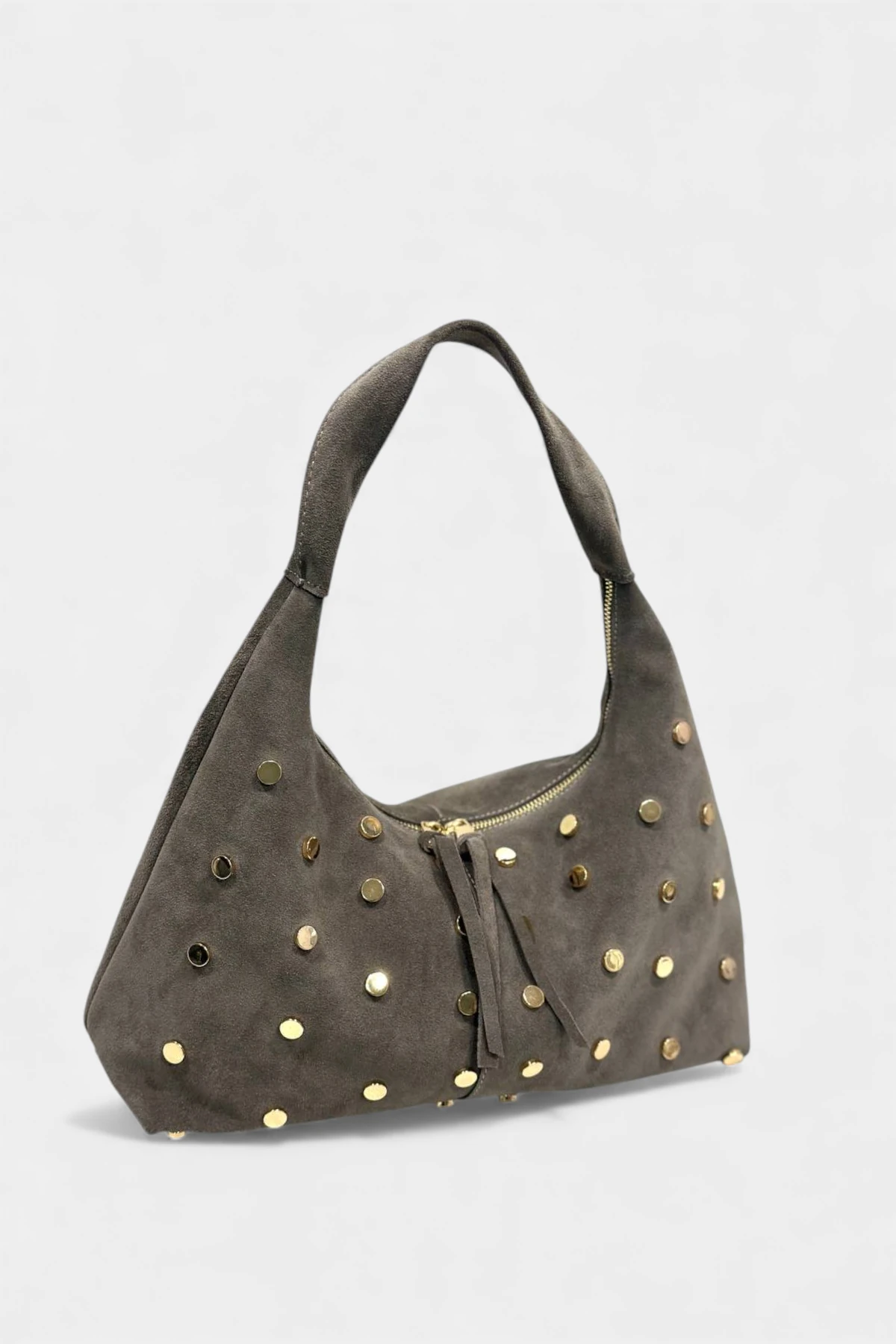 Daisy Hakiki Süet Trok Taş Detaylı Kadın El ve Omuz Çantası - Vizon