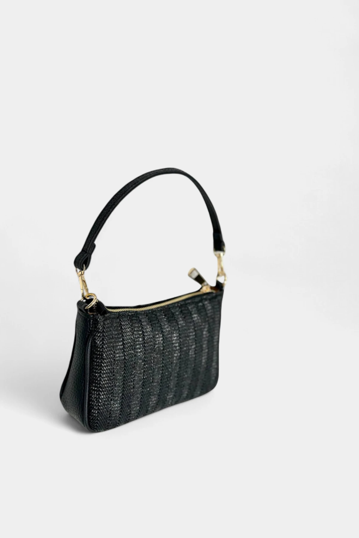 Grace Hasır Uzun Askı Detaylı Kadın El ve Omuz Çantası - Siyah