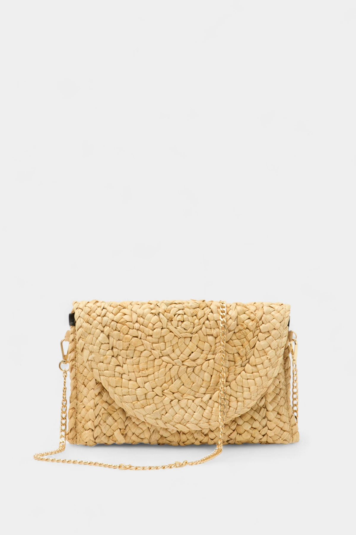 Ivory Zincir Uzun Askı Detaylı Envelope Hasır Kadın Omuz Çantası - Camel