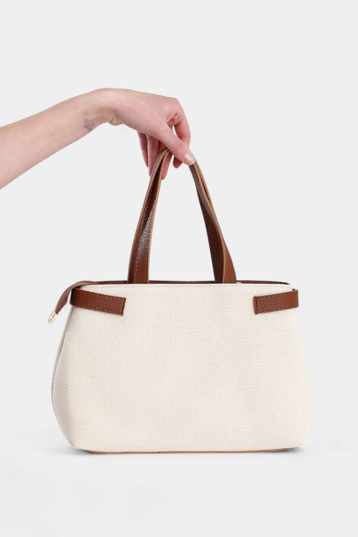 Alia Fermuar Kapamalı Keten Kadın El Ve Omuz Çantası - Taba