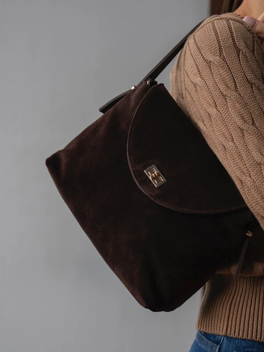 Gisella Hakiki Süet Deri Kadın El ve Omuz Çantası - Kahverengi