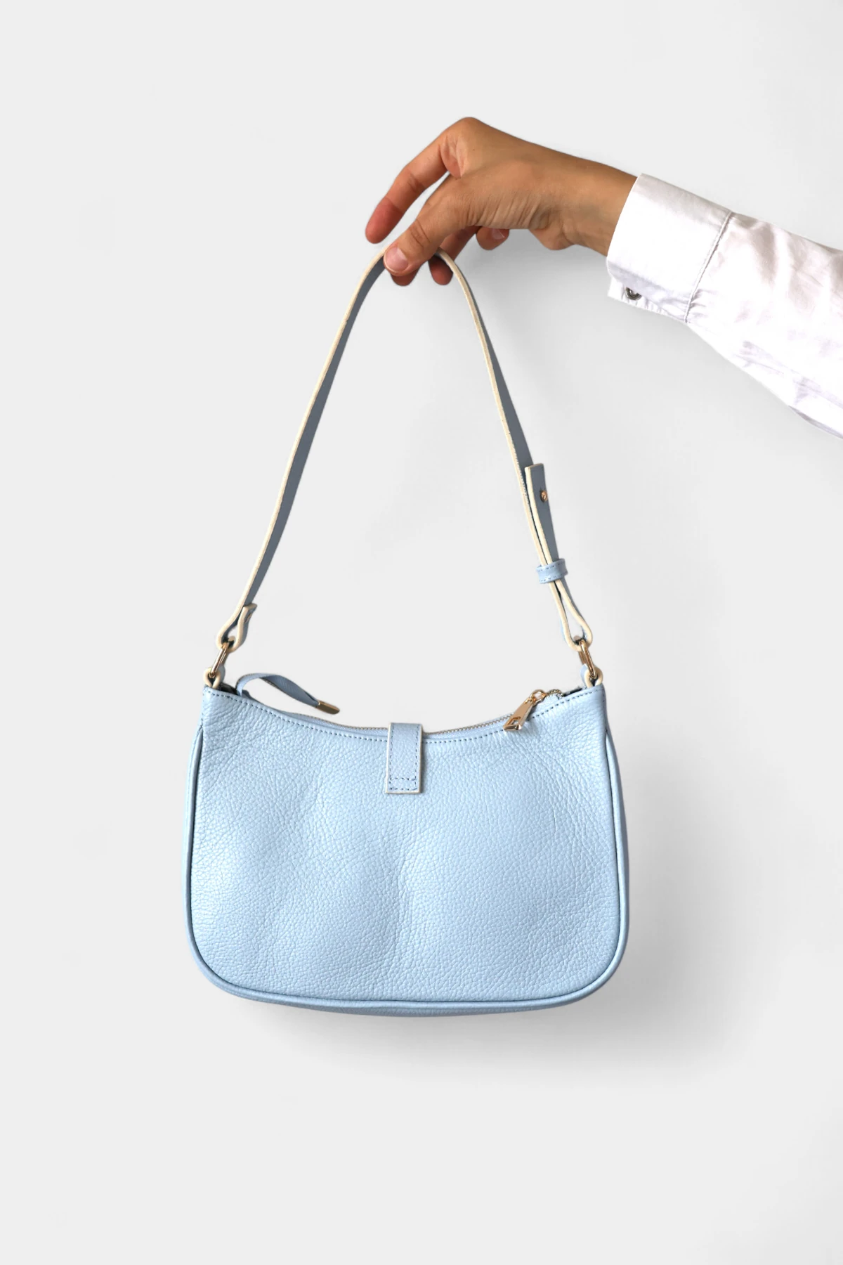 Clara Hakiki Deri Uzun Askı Detaylı Kadın Omuz Çantası - Bebek Mavisi