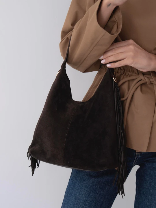 Helia Hakiki Süet Deri Organizer Çanta Detaylı Kadın El ve Omuz Çantası - Kahverengi