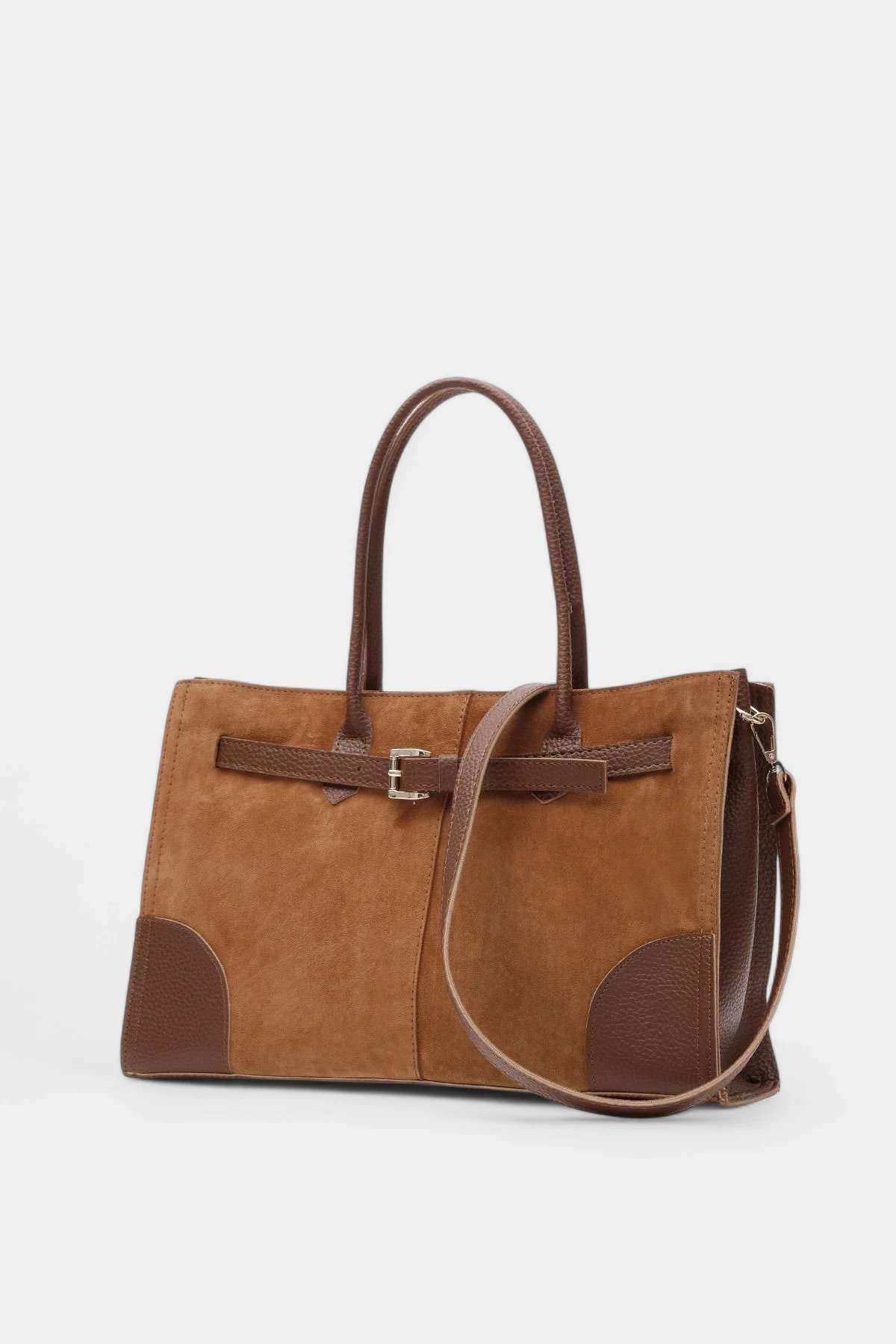 Melina Kemer Detaylı Hakiki Süet Kadın Çanta - Taba