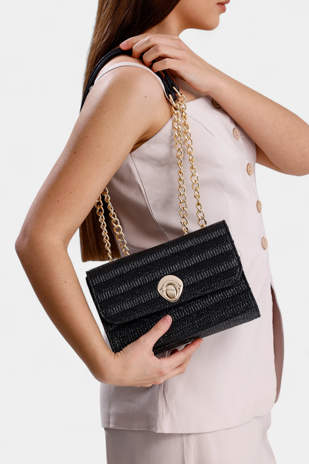Valencia Zincir Askı Detaylı  Hasır Kadın El ve Omuz Çantası - Siyah