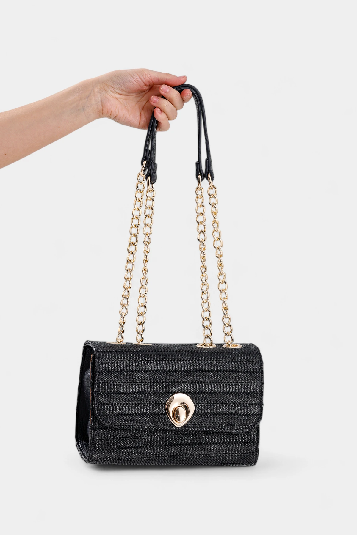 Valencia Zincir Askı Detaylı  Hasır Kadın El ve Omuz Çantası - Siyah