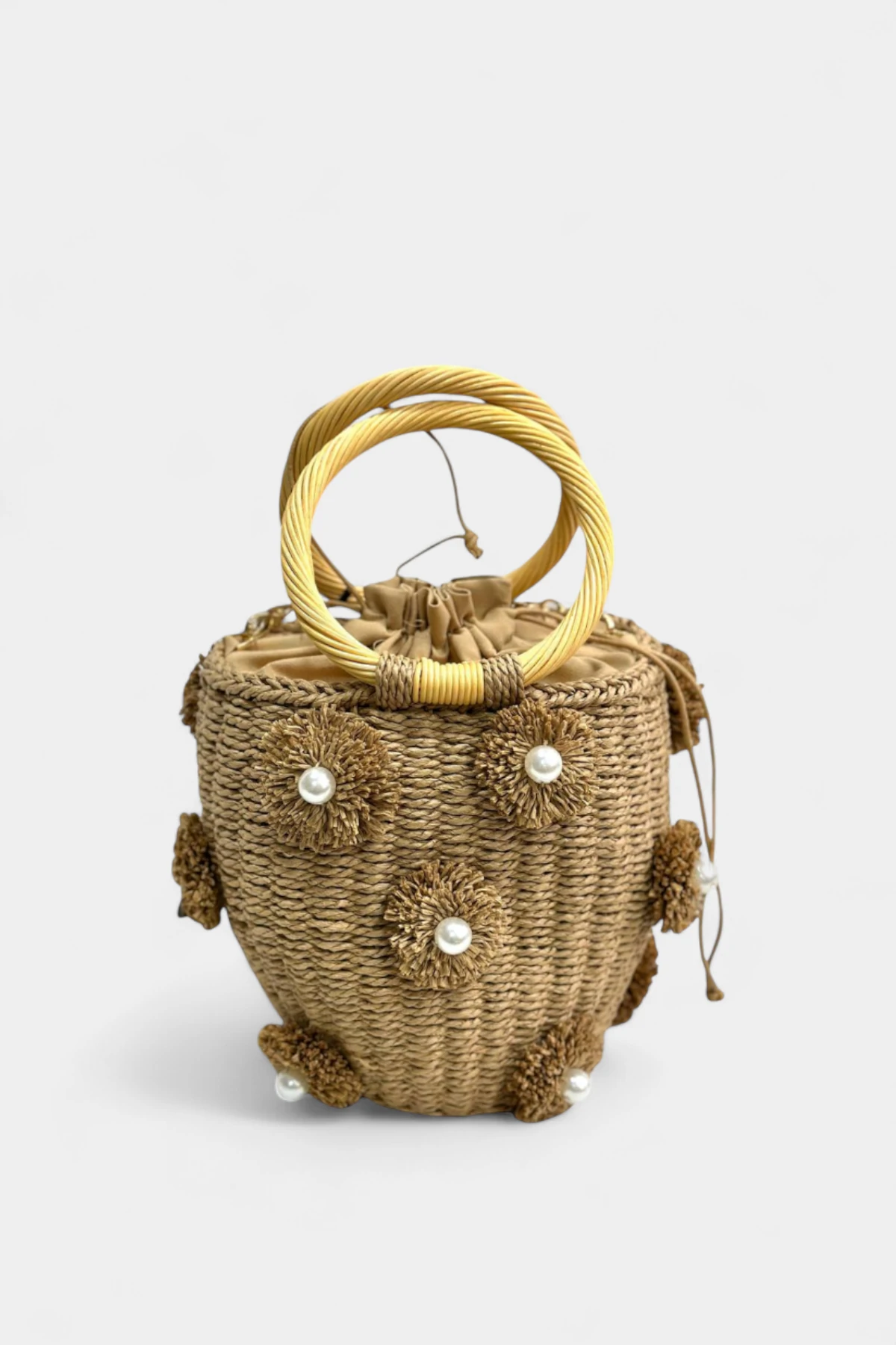 Pearl Zincir Askı Detaylı Hasır Kadın El ve Omuz Çantası - Camel