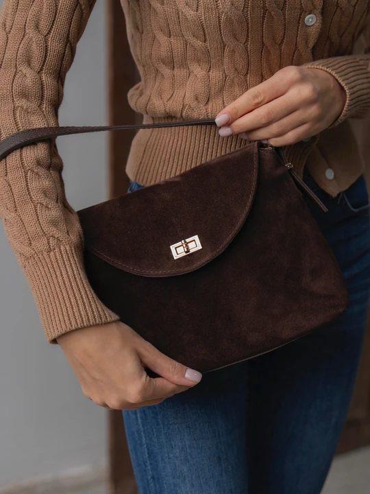 Gisella Hakiki Süet Deri Kadın El ve Omuz Çantası - Kahverengi