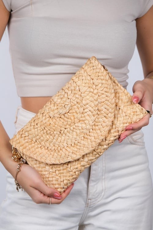 Ivory %100 Hasır Zincir Uzun Askı Detaylı Envelope Kadın Omuz Çantası