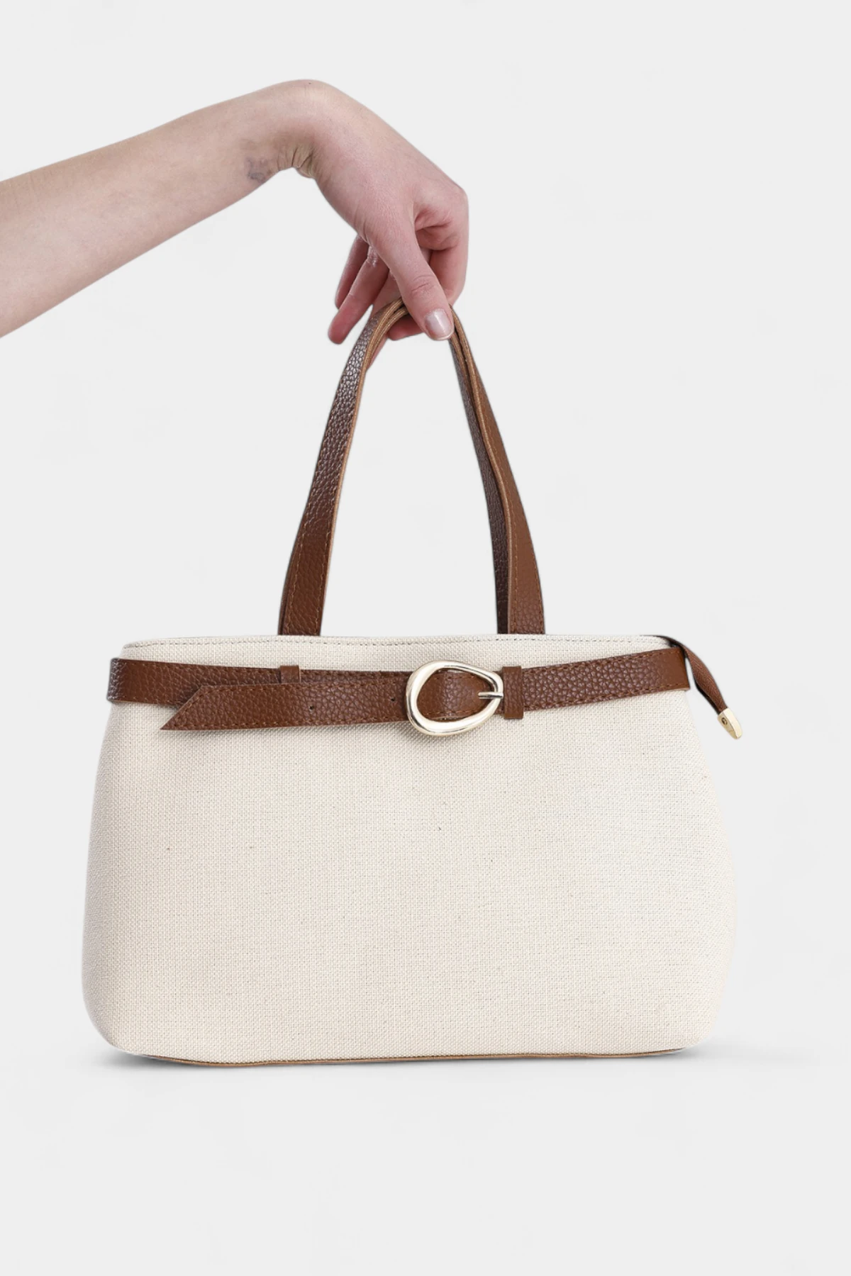 Alia Fermuar Kapamalı Keten Kadın El Ve Omuz Çantası - Taba