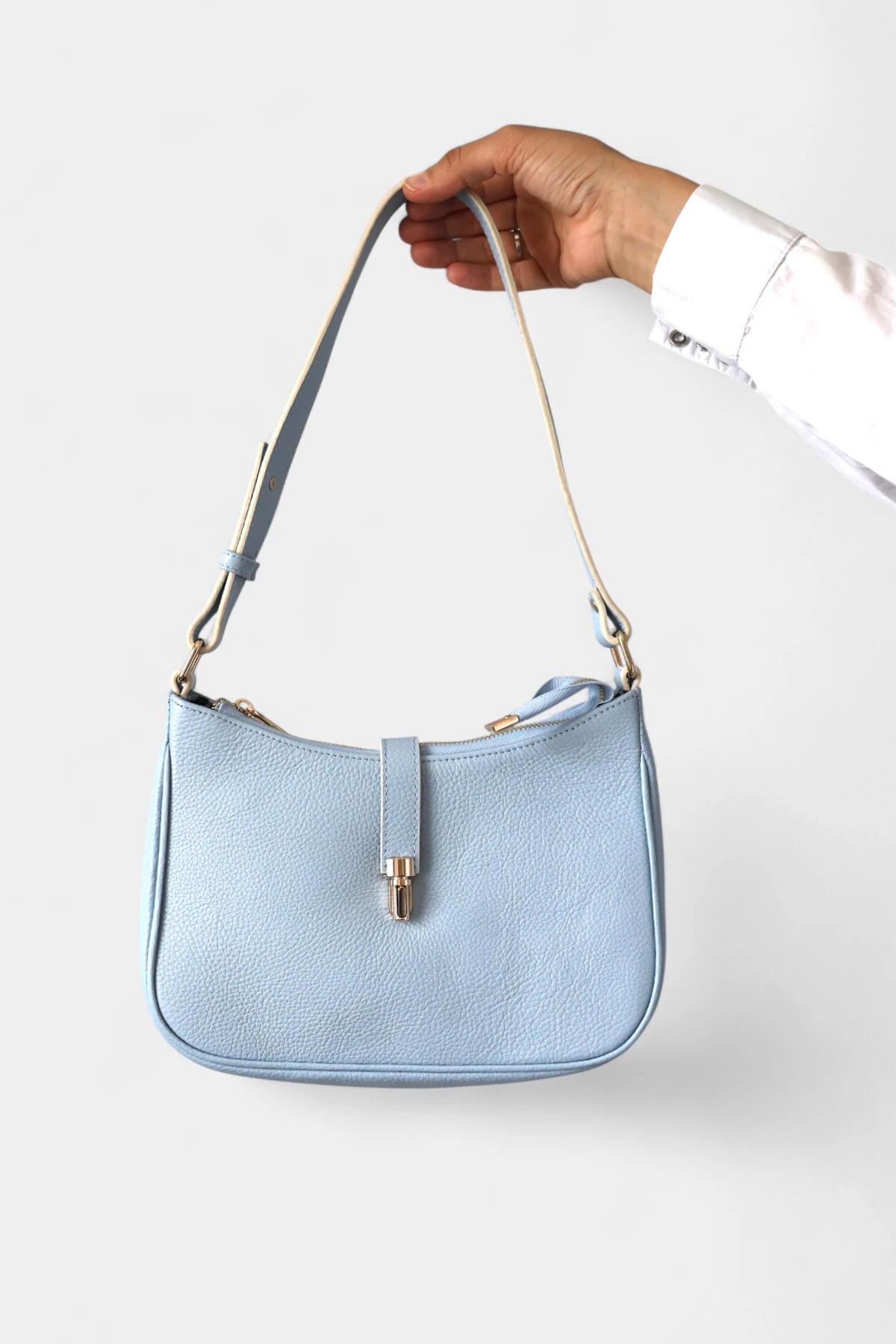 Clara Hakiki Deri Uzun Askı Detaylı Kadın Omuz Çantası - Bebek Mavisi
