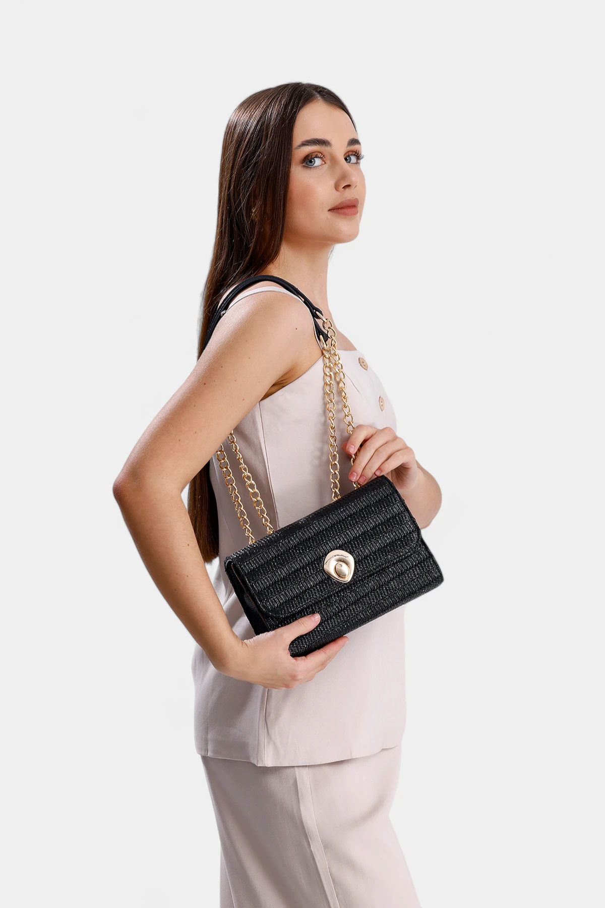 Valencia Zincir Askı Detaylı  Hasır Kadın El ve Omuz Çantası - Siyah