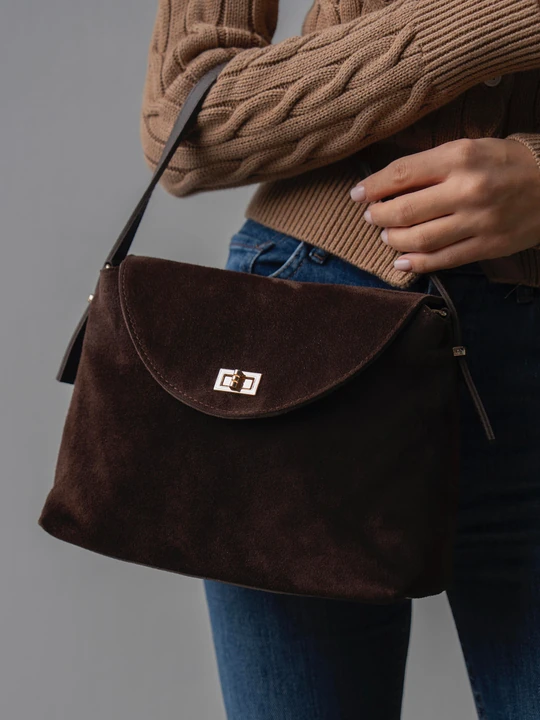 Gisella Hakiki Süet Deri Kadın El ve Omuz Çantası - Kahverengi