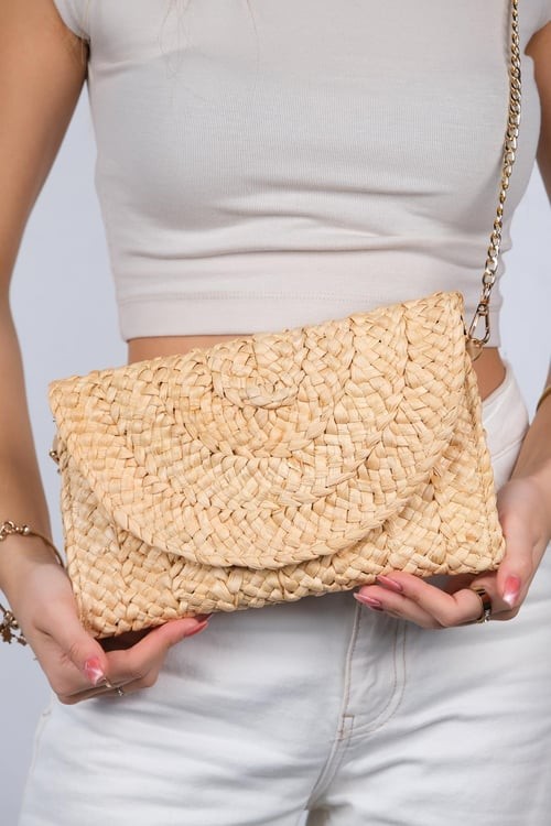 Ivory %100 Hasır Zincir Uzun Askı Detaylı Envelope Kadın Omuz Çantası