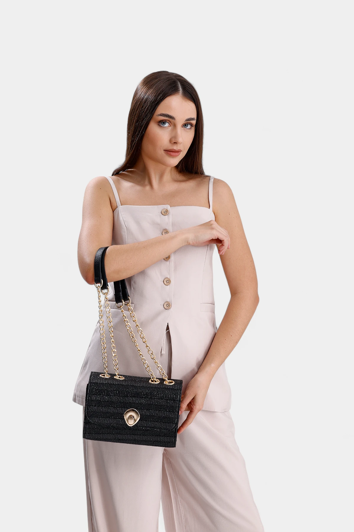 Valencia Zincir Askı Detaylı  Hasır Kadın El ve Omuz Çantası - Siyah