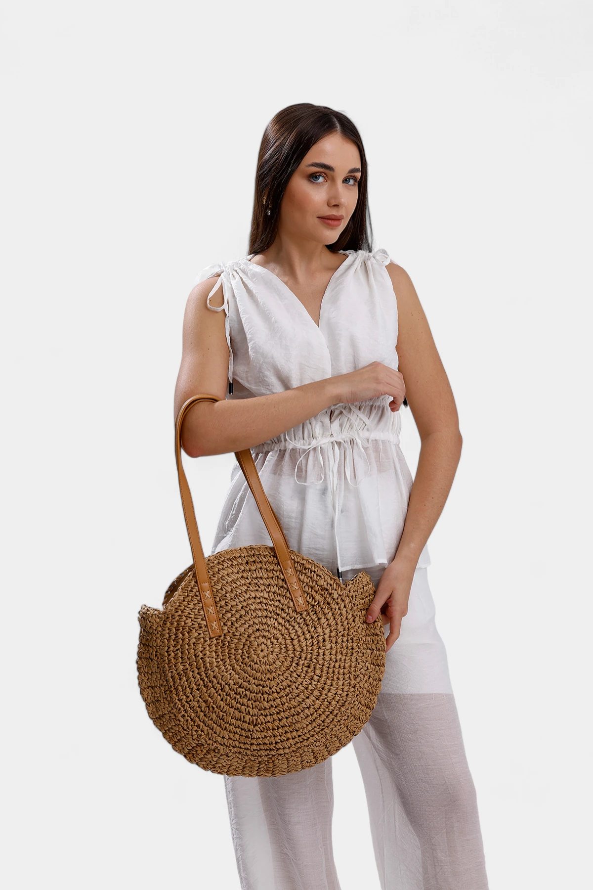 Kelly Fermuar Kapamalı  Hasır Kadın Omuz Çantası - Camel