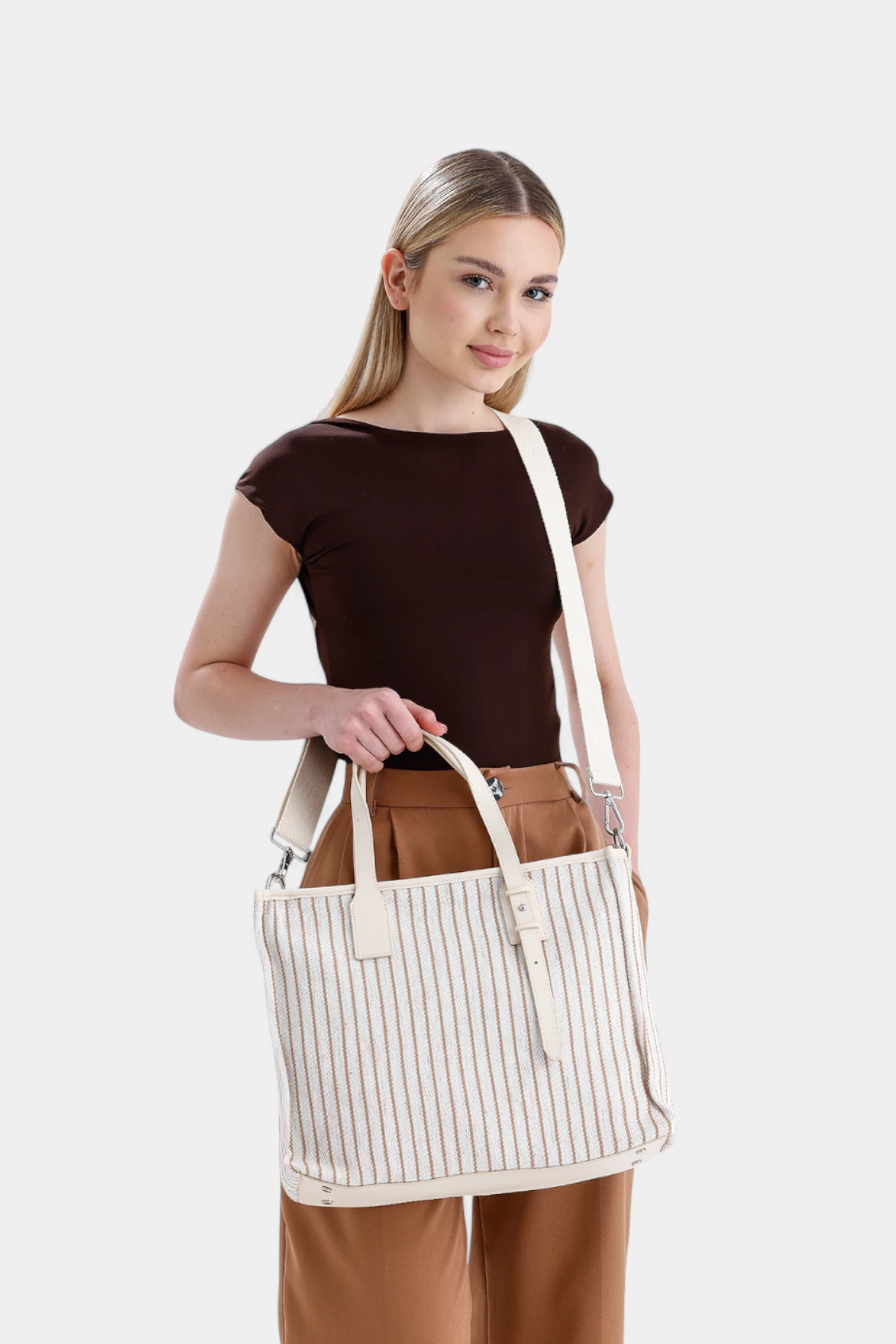 Nancy Fermuar Kapama Detaylı Kadın El ve Omuz Çantası - Vizon