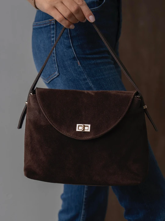 Gisella Hakiki Süet Deri Kadın El ve Omuz Çantası - Kahverengi