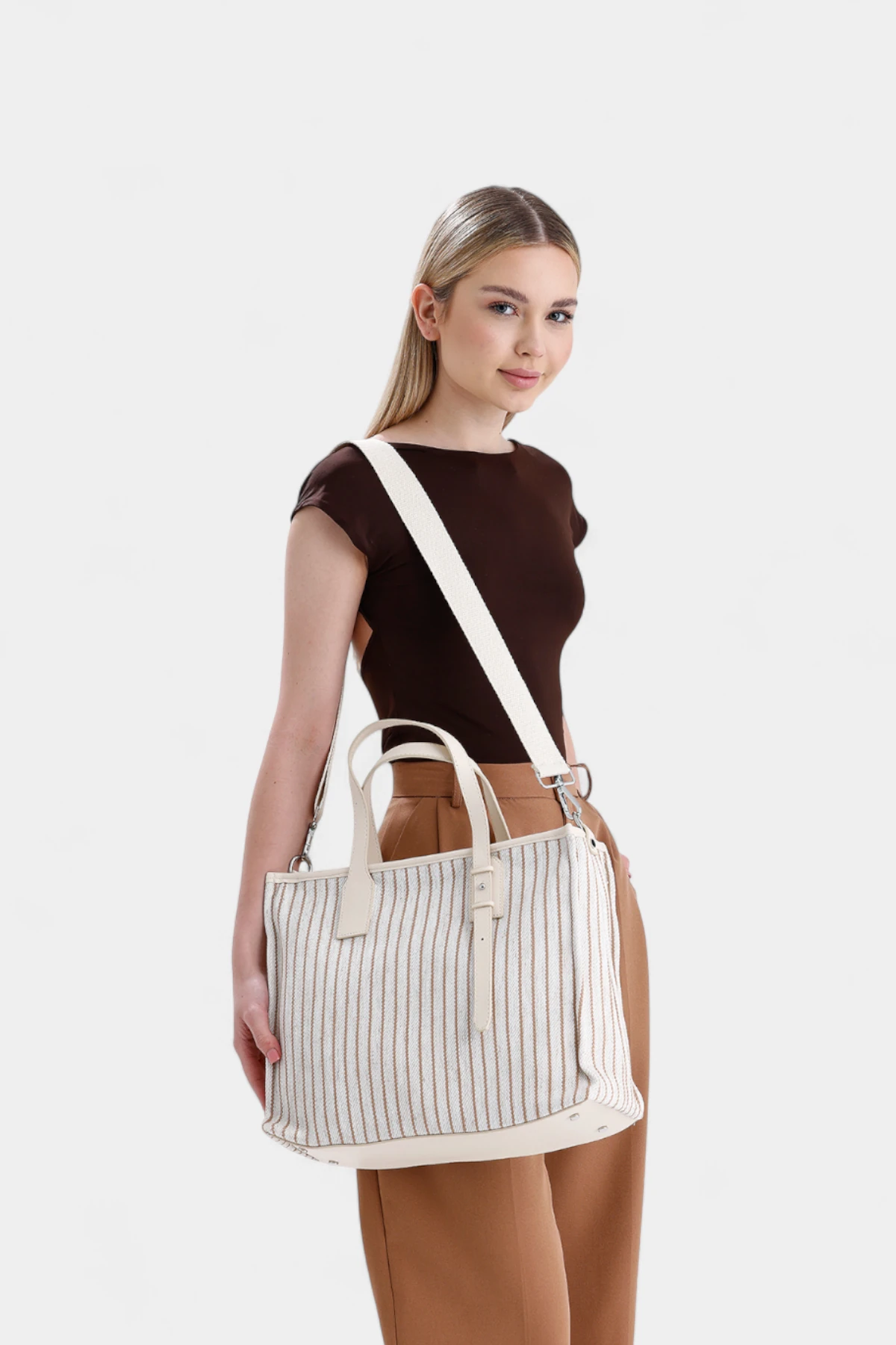 Nancy Fermuar Kapama Detaylı Kadın El ve Omuz Çantası - Vizon