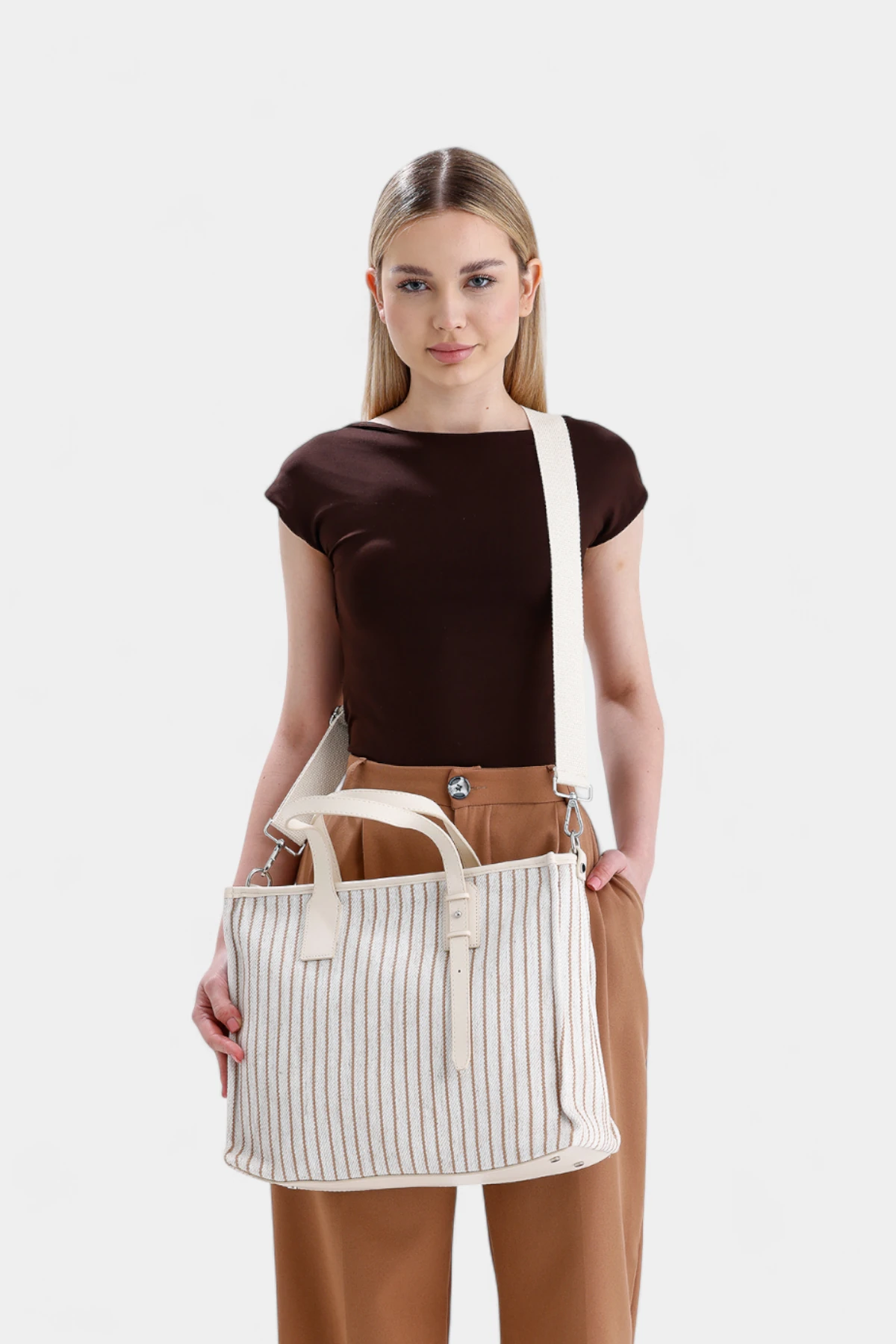 Nancy Fermuar Kapama Detaylı Kadın El ve Omuz Çantası - Vizon