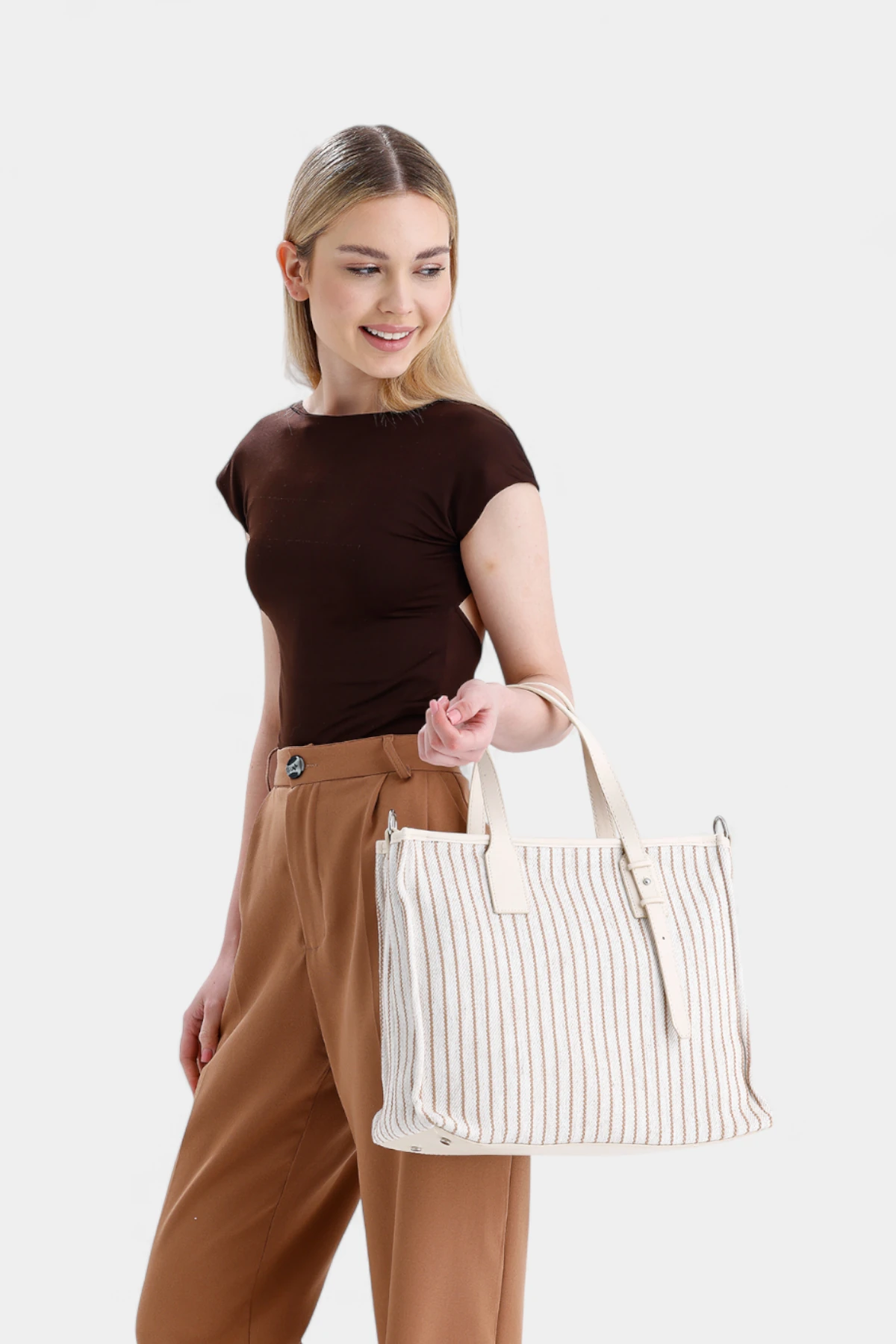 Nancy Fermuar Kapama Detaylı Kadın El ve Omuz Çantası - Vizon