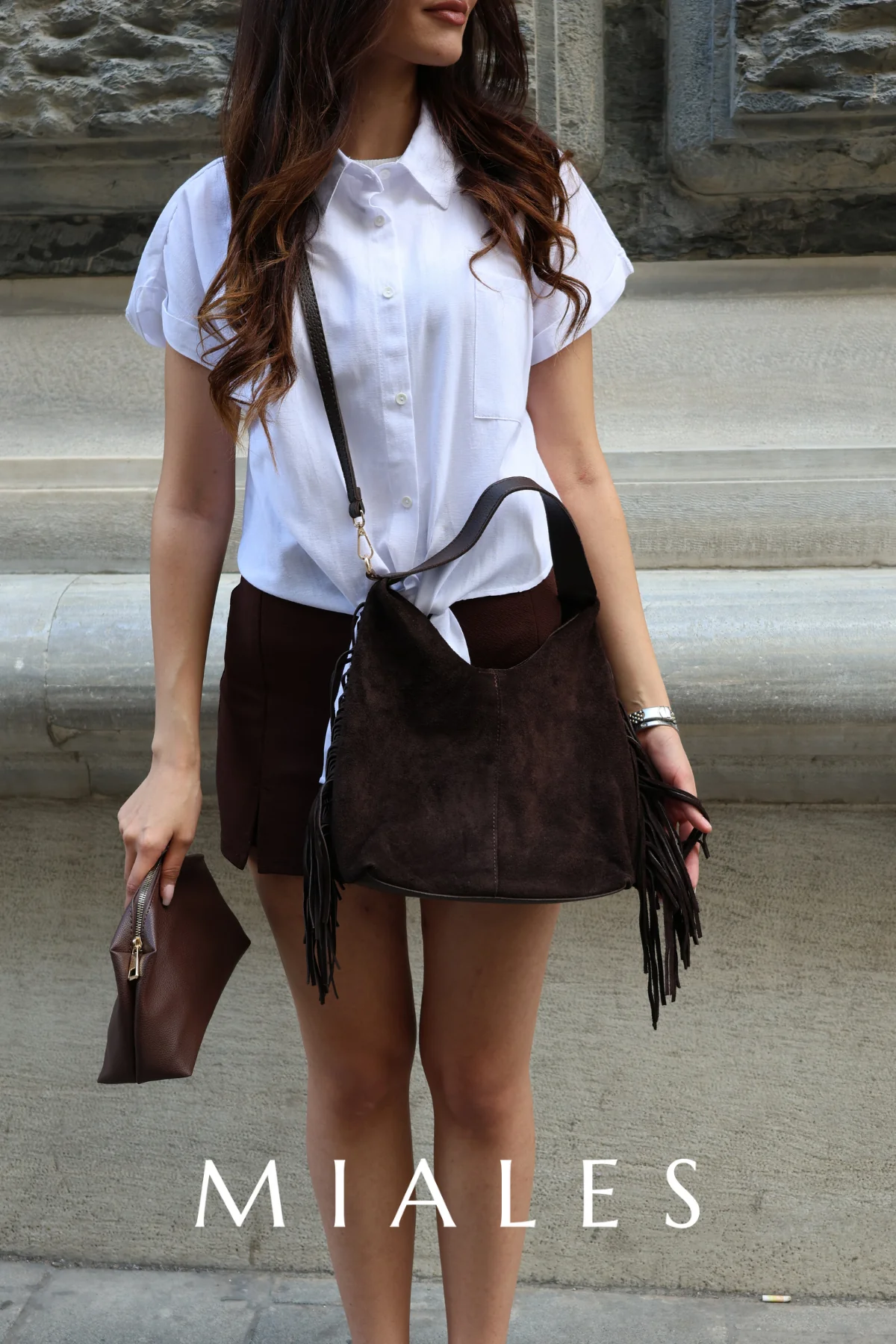 Helia Hakiki Süet Deri Organizer Çanta Detaylı Kadın El ve Omuz Çantası - Kahverengi