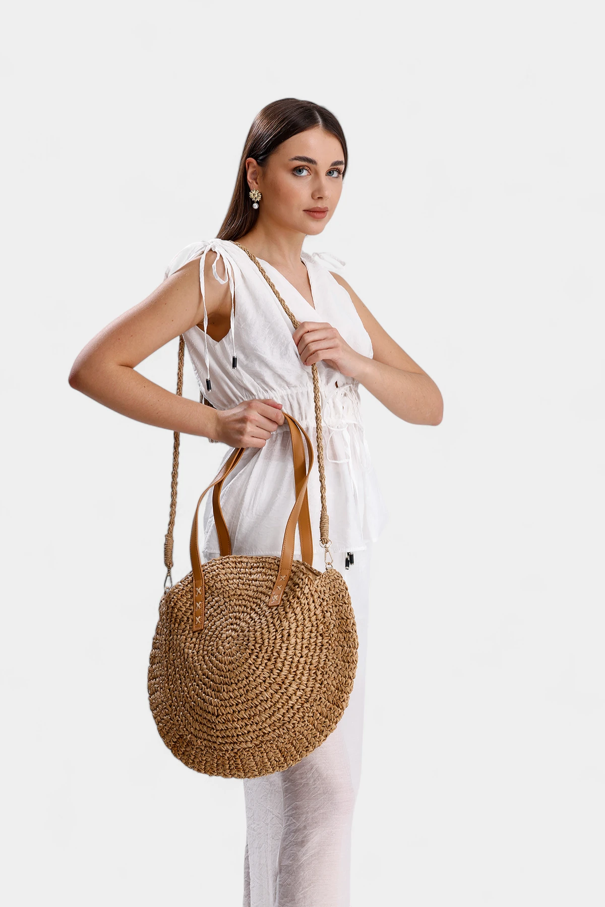 Kelly Fermuar Kapamalı  Hasır Kadın Omuz Çantası - Camel