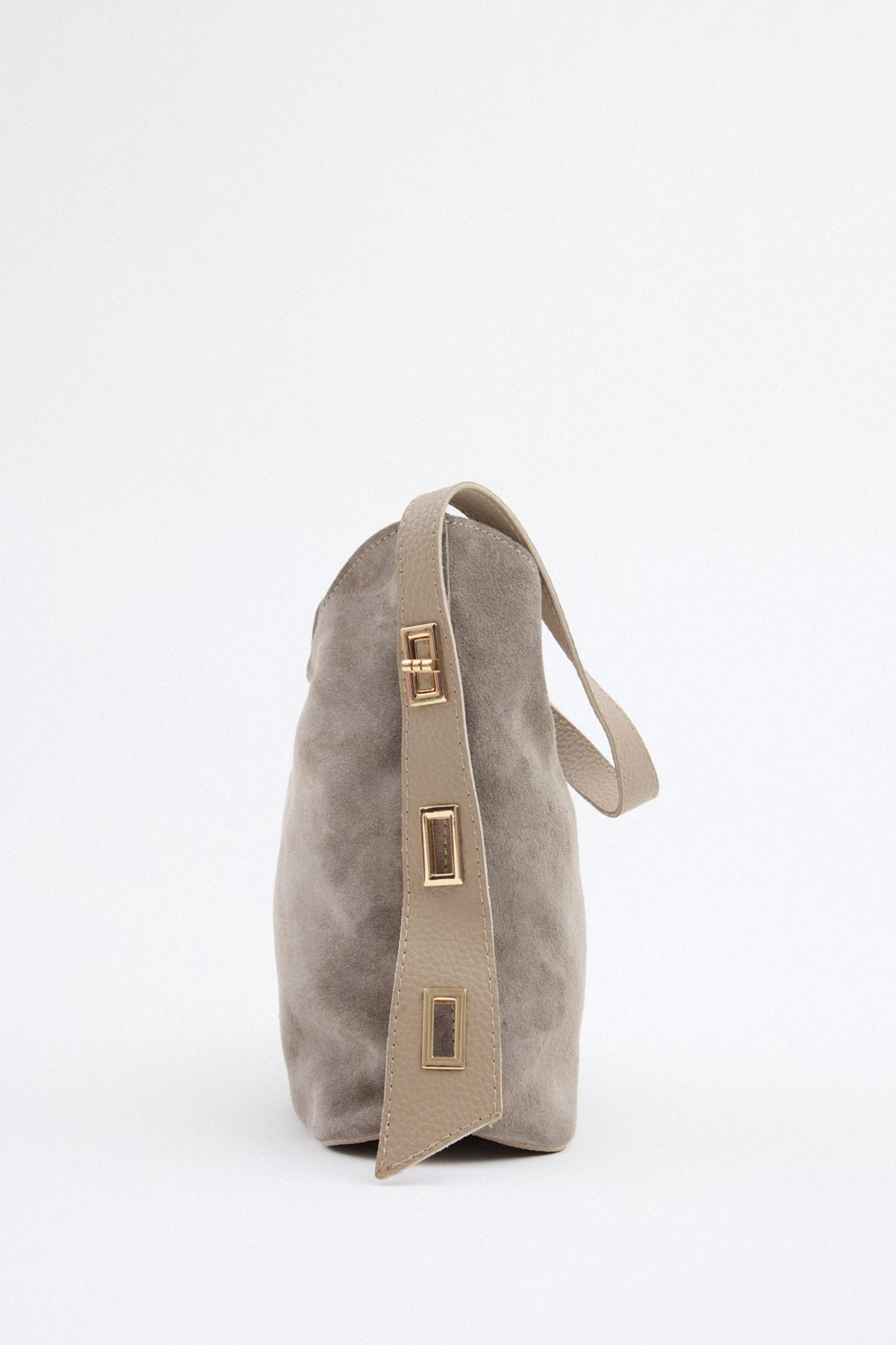 Velina, Hakiki Süet Deri Fermuar Kapama ve İç cep Detaylı Kadın Omuz Çantası - Vizon