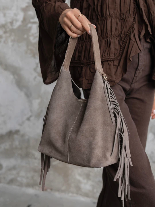 Helia Hakiki Süet Deri Organizer Çanta Detaylı Kadın El ve Omuz Çantası - Vizon