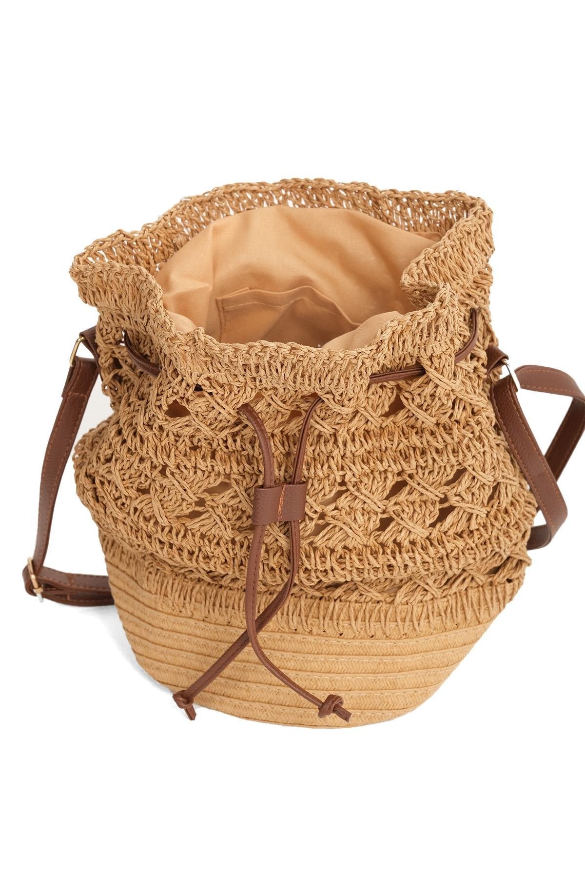 Freya %100 Hasır Omuz ve Sırtta Taşınabilen Kadın Büzgülü Çanta - Camel