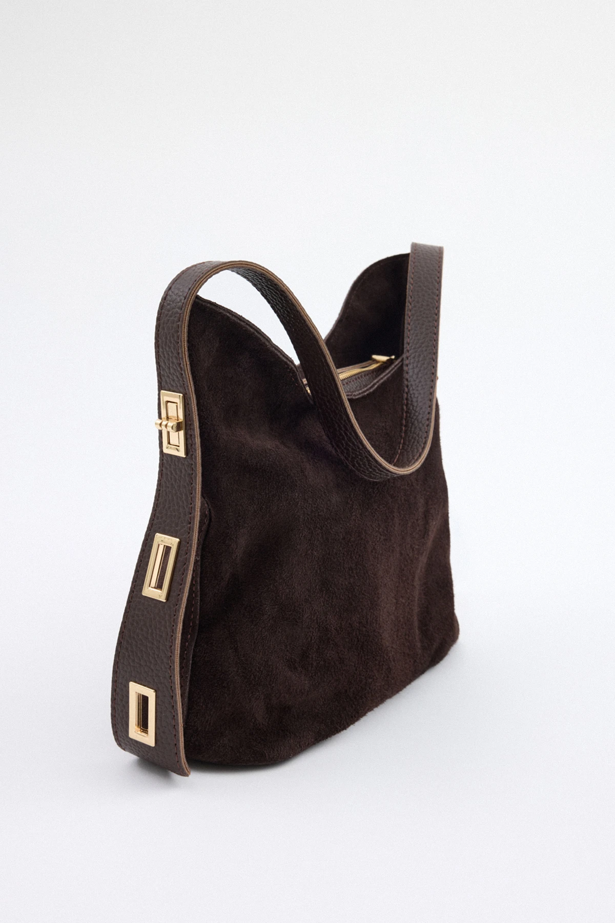 Velina, Hakiki Süet Deri Fermuar Kapama ve İç cep Detaylı Kadın Omuz Çantası - Kahverengi