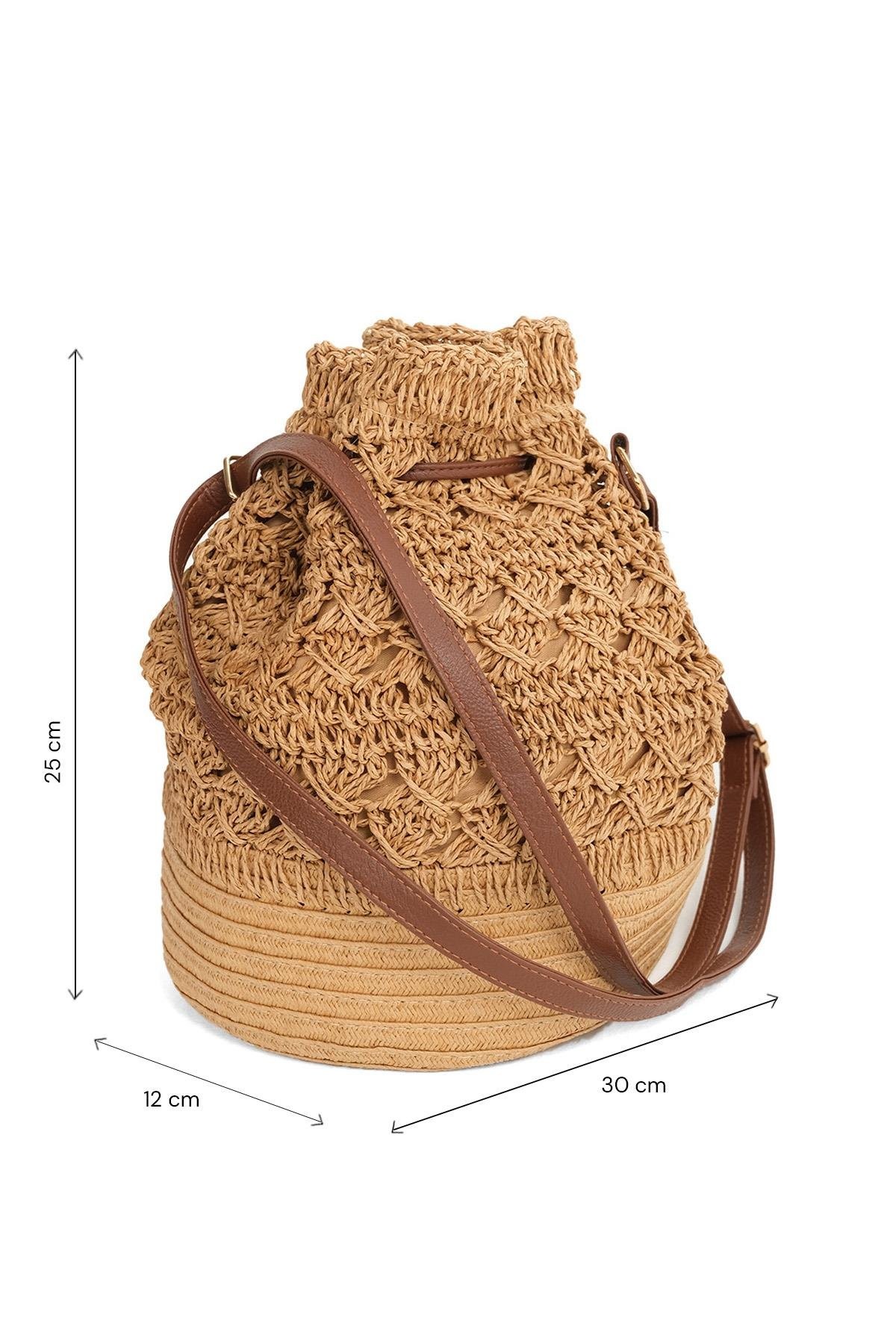 Freya %100 Hasır Omuz ve Sırtta Taşınabilen Kadın Büzgülü Çanta - Camel