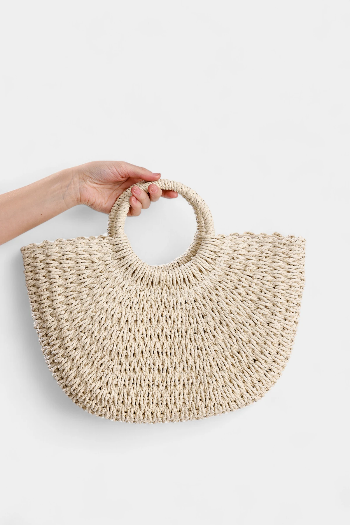 Tina Uzun Askı Detaylı Hasır Kadın El ve Omuz Çantası - Bej