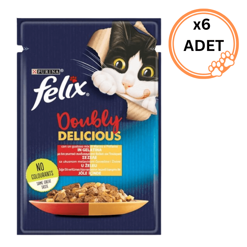6 ADET Felix Çifte Lezzet Sığır Etli ve Kümes Hayvanlı Pouch Mama 85 Gr