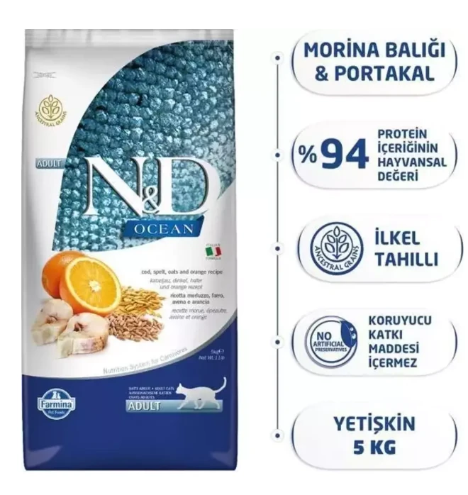 ND Ocean Düşük Tahıllı Morina Balığı ve Portakallı Yetişkin Kedi Maması 5 kg
