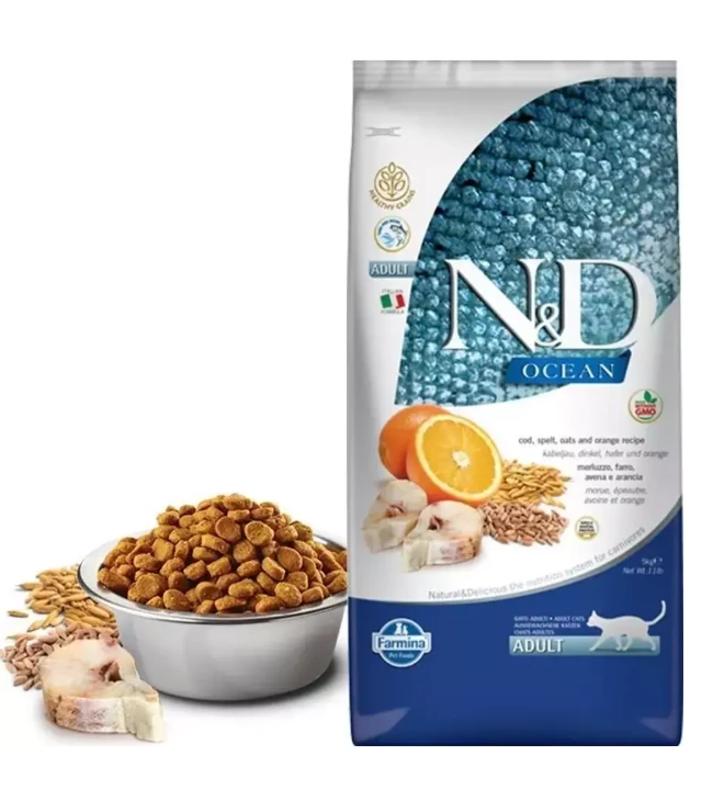 ND Ocean Düşük Tahıllı Morina Balığı ve Portakallı Yetişkin Kedi Maması 5 kg