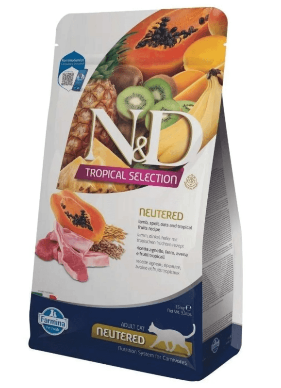 N&D Tropical Selection Düşük Tahıllı Kuzu Etli ve Tropikal Meyveli Kısırlaştırılmış Kedi Maması 1,5 kg