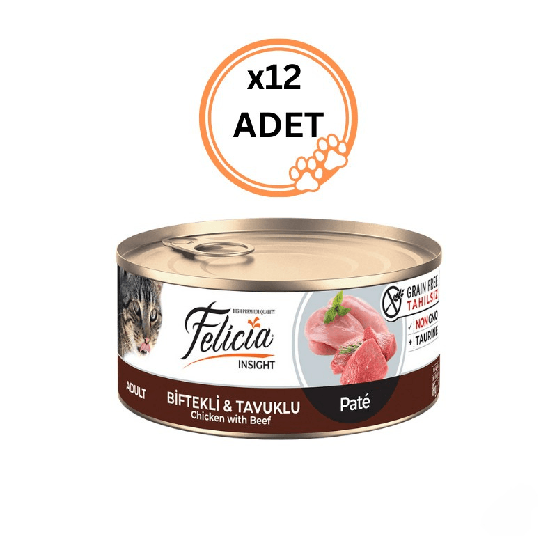 12 ADET Felicia Tahılsız Kıyılmış Biftekli ve Tavuklu Kedi Konservesi 85 gr x12