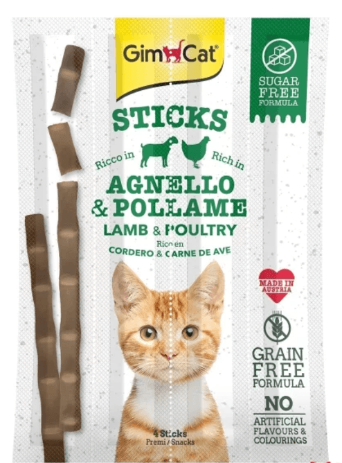 GimCat Sticks Kuzulu ve Tavuklu Taurinli Tahılsız Kedi Ödül Çubuğu 20gr