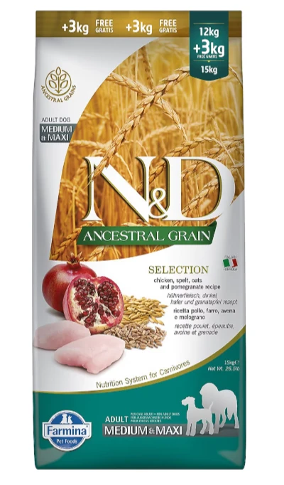 N&D Düşük Tahıllı Tavuk Narlı Orta ve Büyük Irk Köpek Maması 12 kg + 3 kg