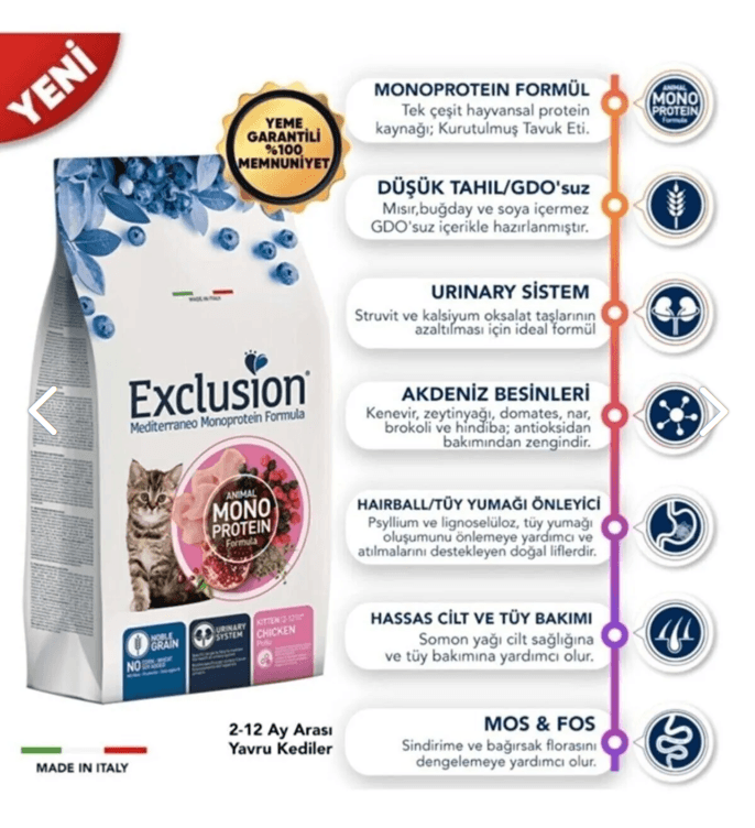 Exclusion Düşük Tahıllı Monoprotein Kitten Tavuklu Yavru Kedi Maması 1.5 Kg