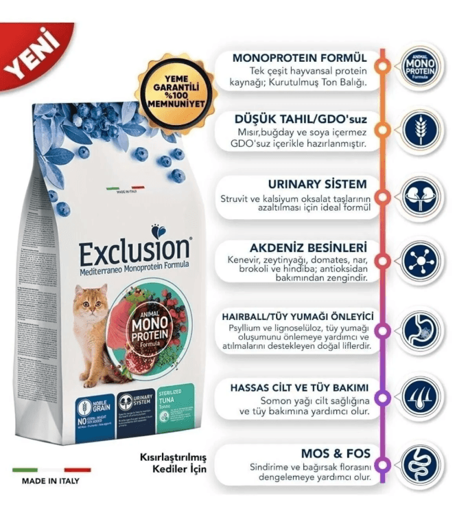 Exclusion Monoprotein Ton Balıklı ve Narlı Düşük Tahıllı Kısırlaştırılmış Kedi Maması 1,5 kg