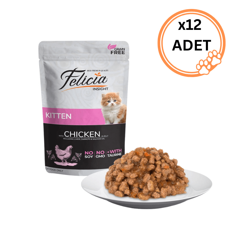 12 ADET Felicia Tahılsız Pouch Yavru Tavuklu Yaş Kedi Maması 85 gr x12