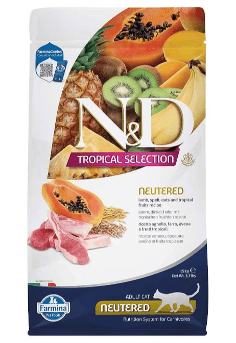N&D Tropical Selection Düşük Tahıllı Kuzu Etli ve Tropikal Meyveli Kısırlaştırılmış Kedi Maması 1,5 kg